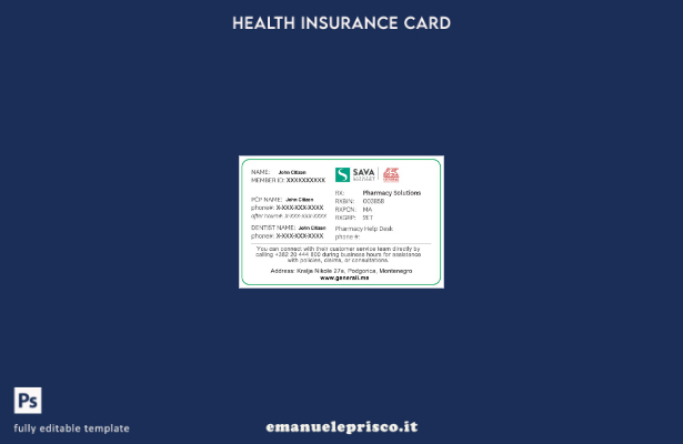 modello di tessera di assicurazione sanitaria del Montenegro in stile verificato